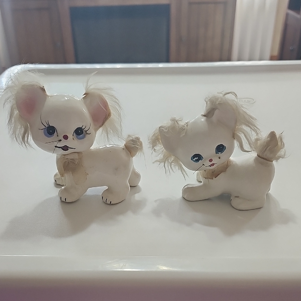 Vintage white ceramic Puppy Dog Cat kitten Kitty Enesco Japan furry figurines